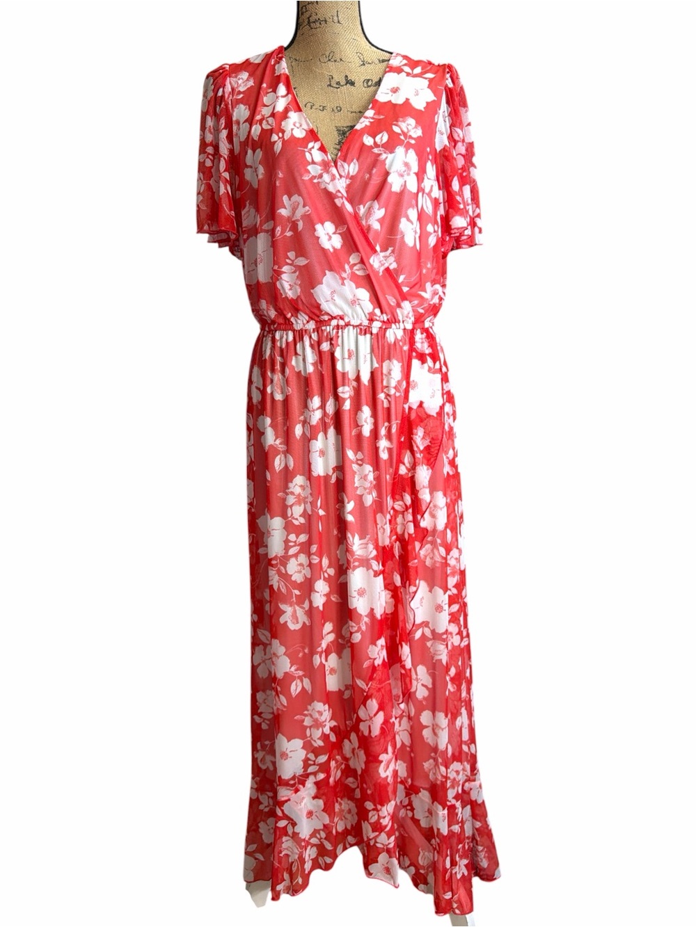 Kate & Lily Floral Faux Wrap Maxi Dress in Red and White EC. Size 14